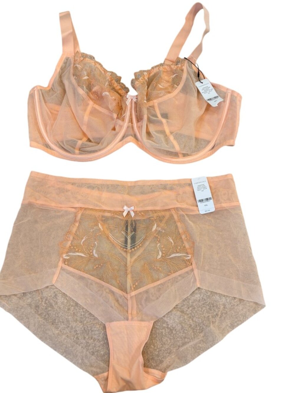 Understance Penny Balconette Bra & High-Waist Panty Set Peach 44H XXL NWT